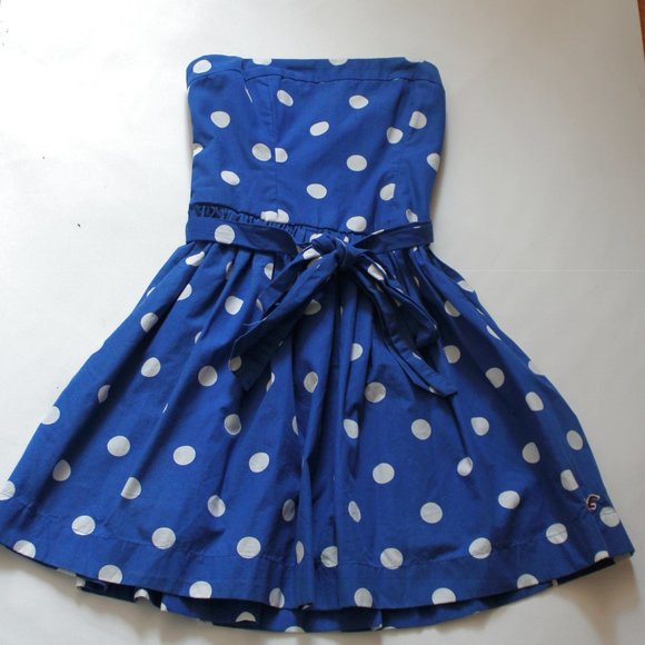 Blue bustier dress with white polka dots - Picture 1 of 7
